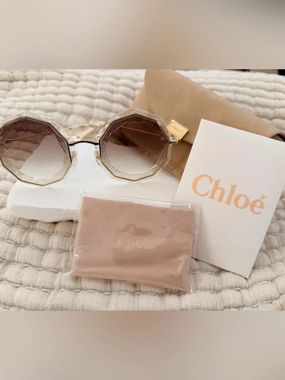Chloe White Glitter Octagonal Sunglasses with Gold Temples